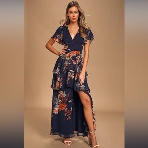 Lulus: Midnight Mood Navy Blue Floral Print Tiered Maxi Dress